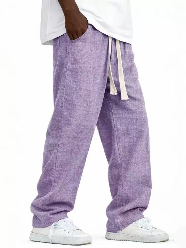 Men's Casual Solid Color Wide Leg Full Length Pants In Linen Fabric With Drawstring Waist For Everyday Wear