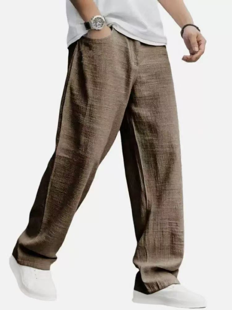 Men's Casual Solid Color Wide Leg Full Length Pants In Linen Fabric With Drawstring Waist For Everyday Wear