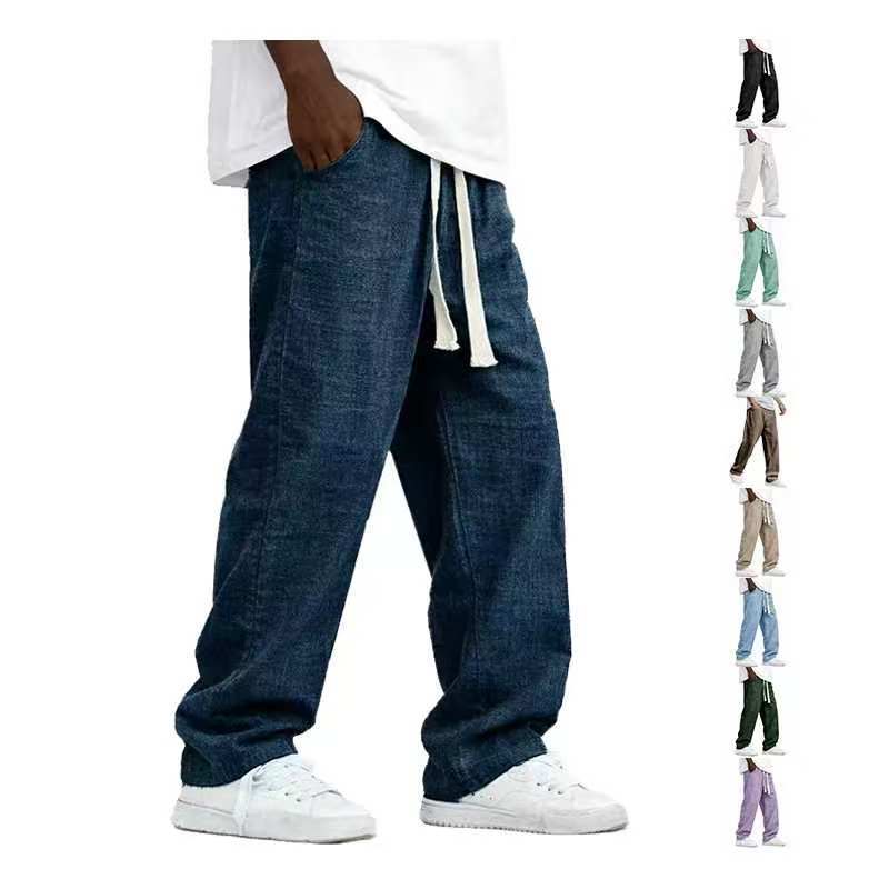 Men's Casual Solid Color Wide Leg Full Length Pants In Linen Fabric With Drawstring Waist For Everyday Wear