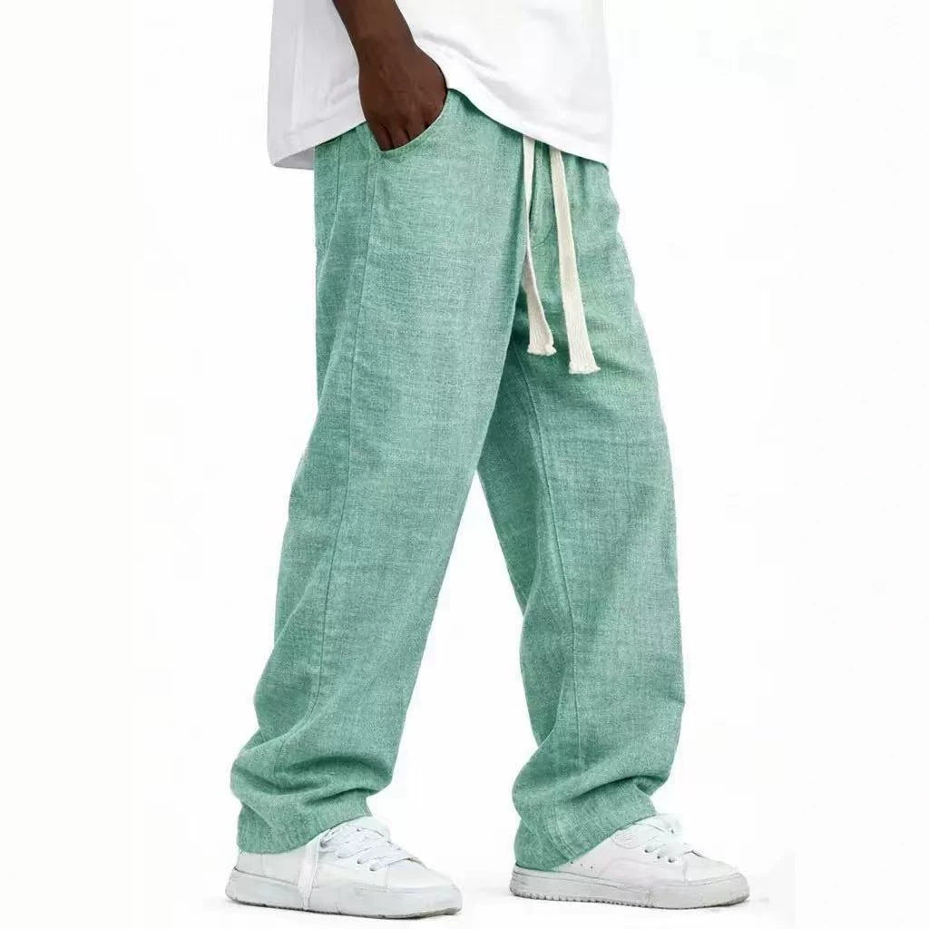 Men's Casual Solid Color Wide Leg Full Length Pants In Linen Fabric With Drawstring Waist For Everyday Wear