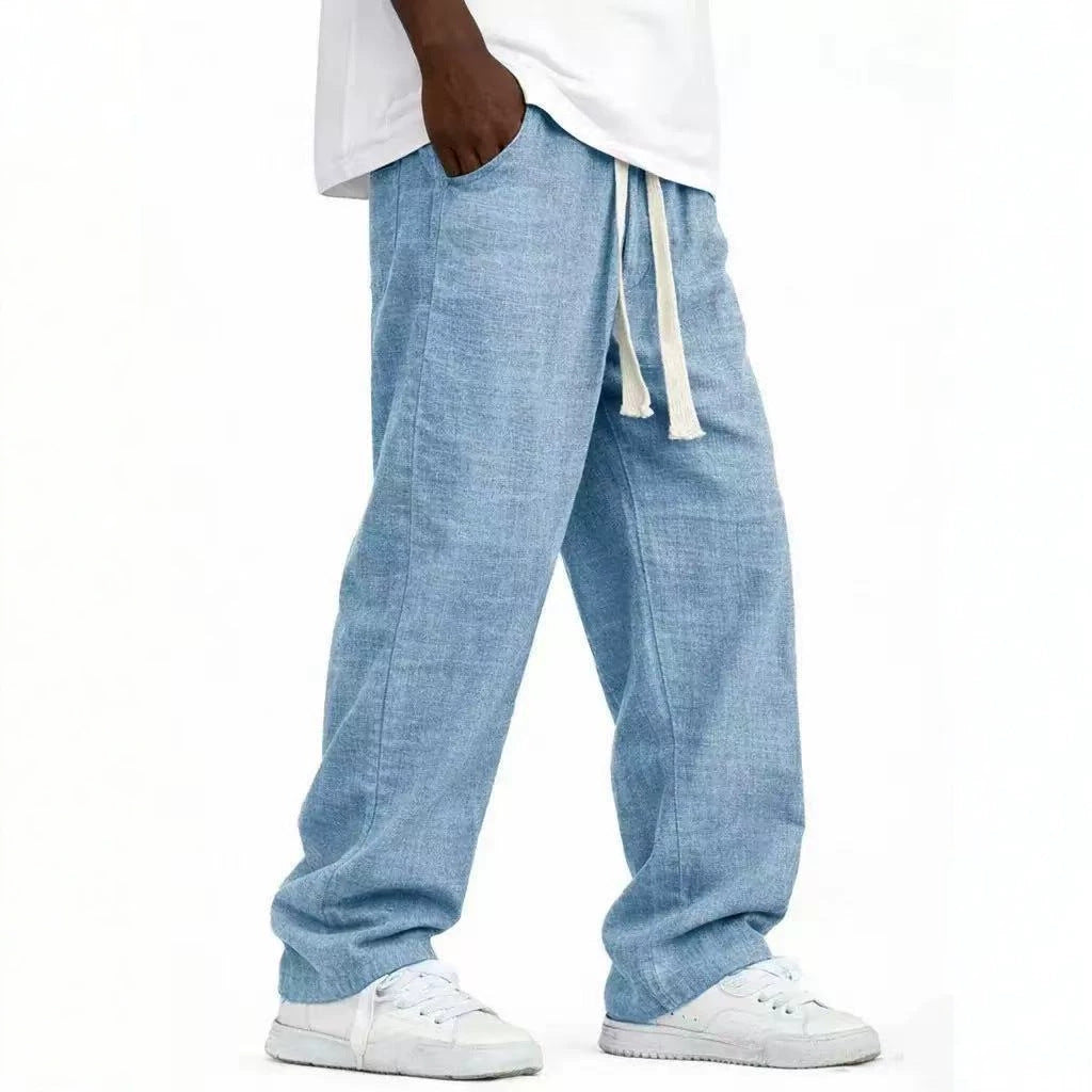 Men's Casual Solid Color Wide Leg Full Length Pants In Linen Fabric With Drawstring Waist For Everyday Wear