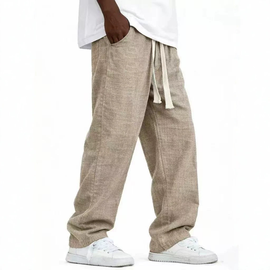 Men's Casual Solid Color Wide Leg Full Length Pants In Linen Fabric With Drawstring Waist For Everyday Wear