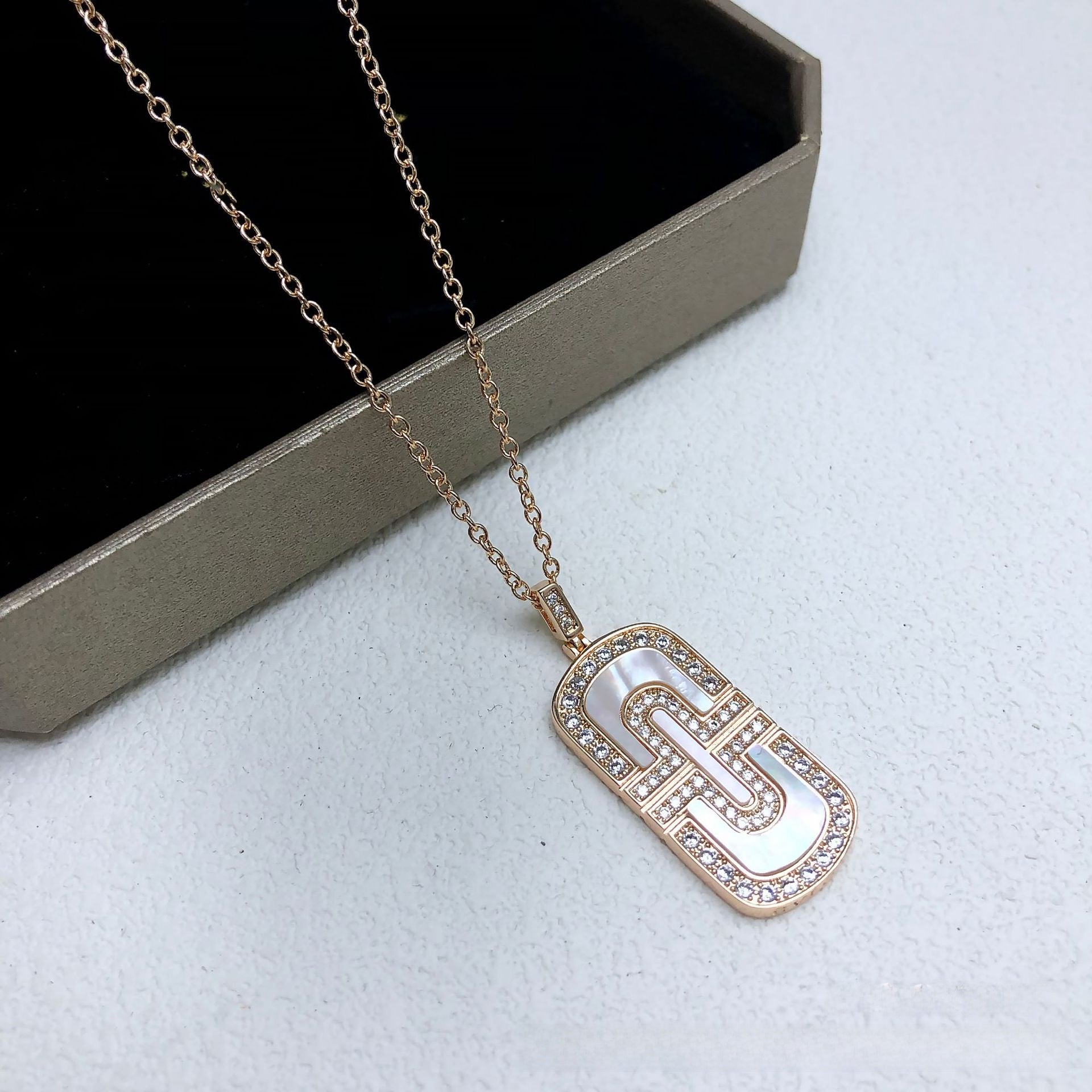 Champagne Paper Clip Necklace For Women With Copper Pendant Featuring Shell Inlay And Rhinestones On Paperclip Chain