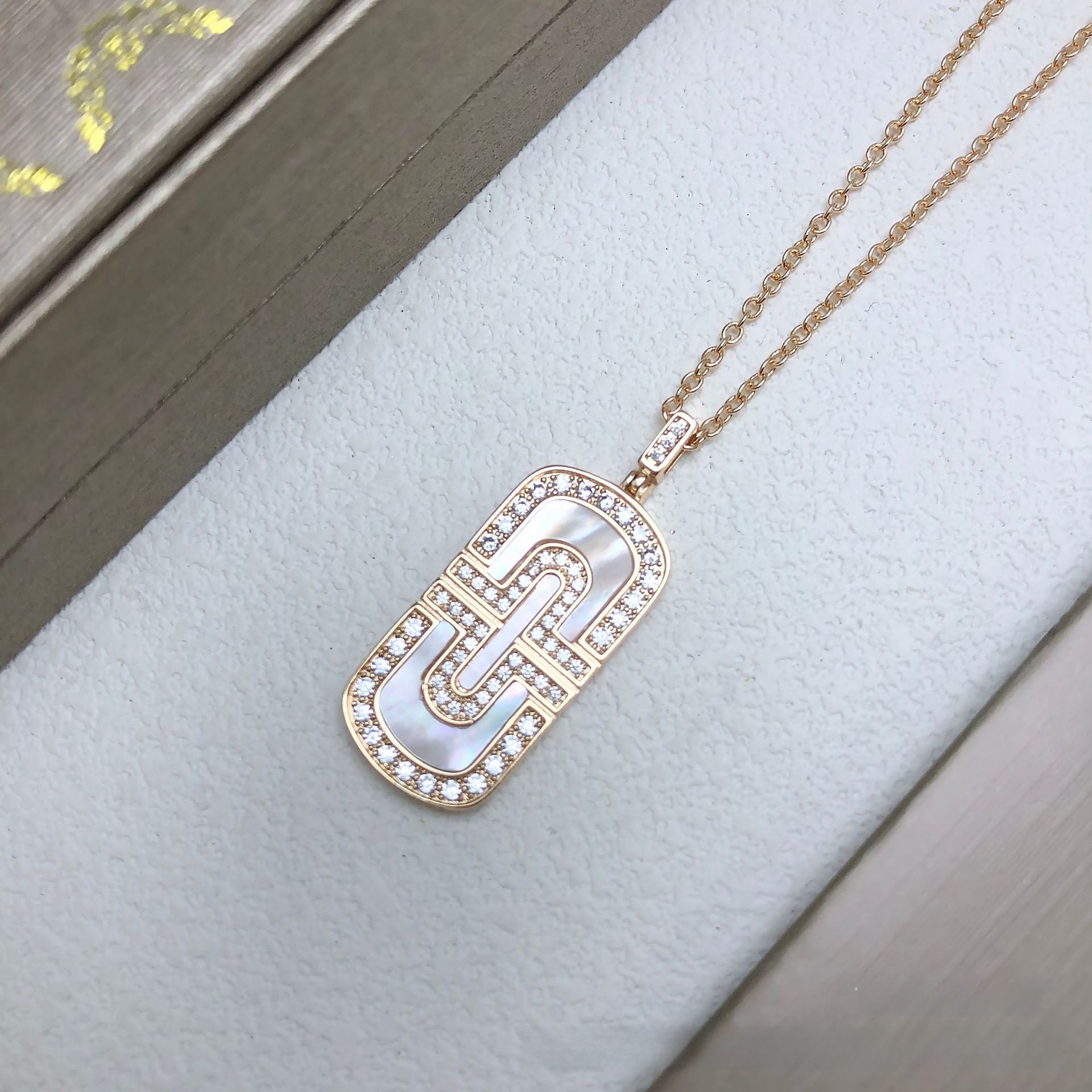 Champagne Paper Clip Necklace For Women With Copper Pendant Featuring Shell Inlay And Rhinestones On Paperclip Chain