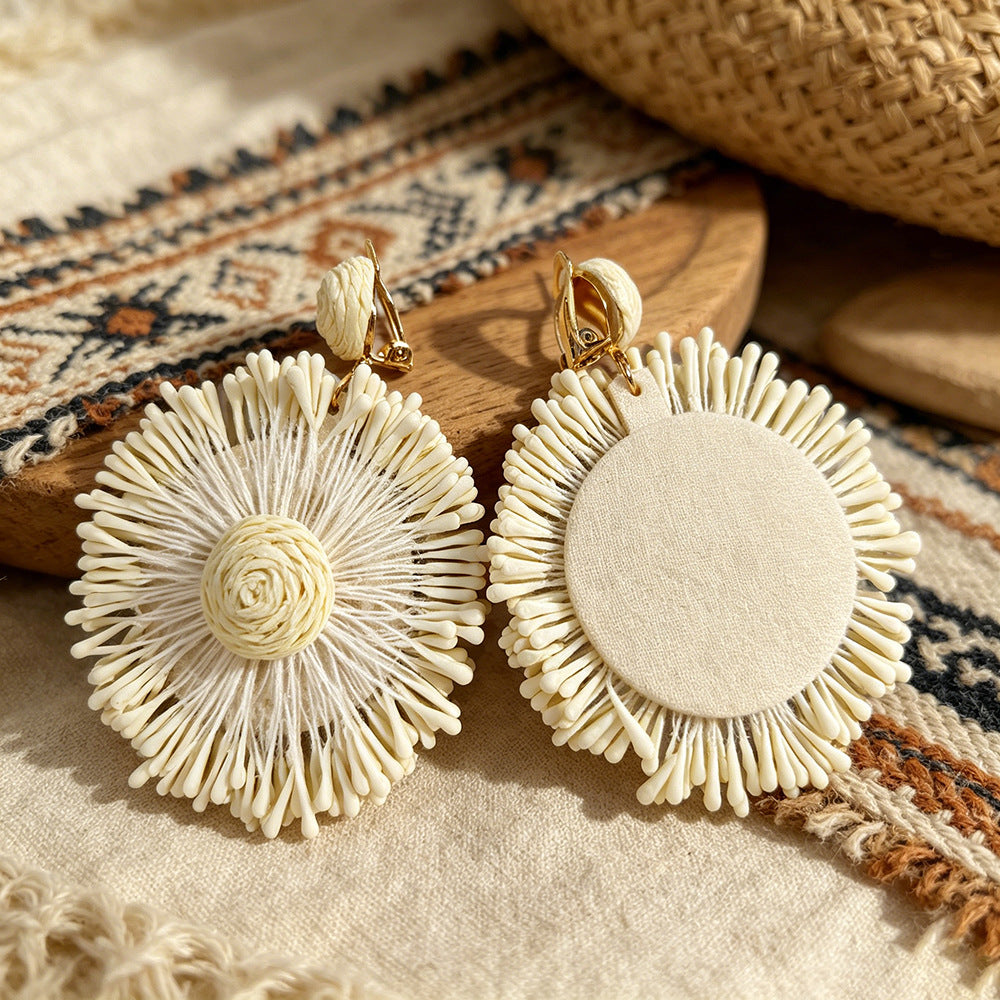 Handmade Bohemian Starfish Clip Earrings For Women In Multicolor Raffia
