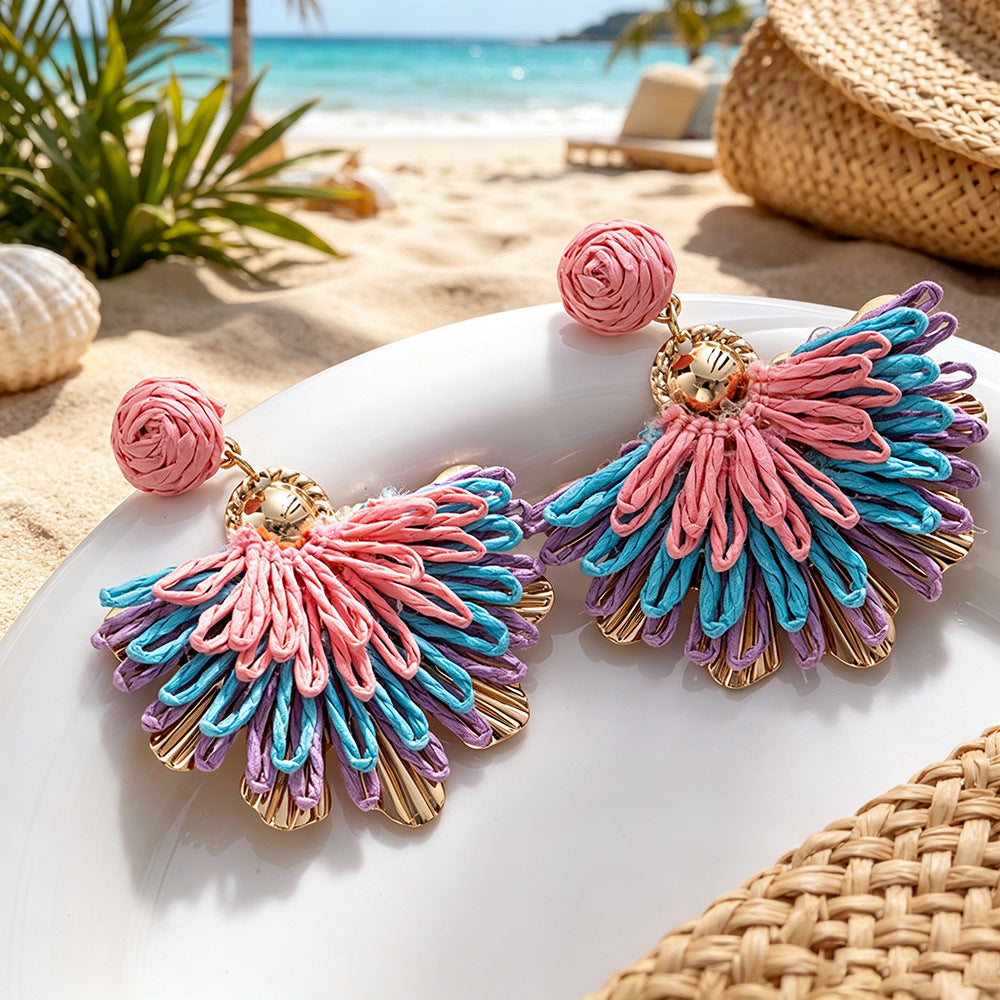 Handmade Bohemian Starfish Clip Earrings For Women In Multicolor Raffia