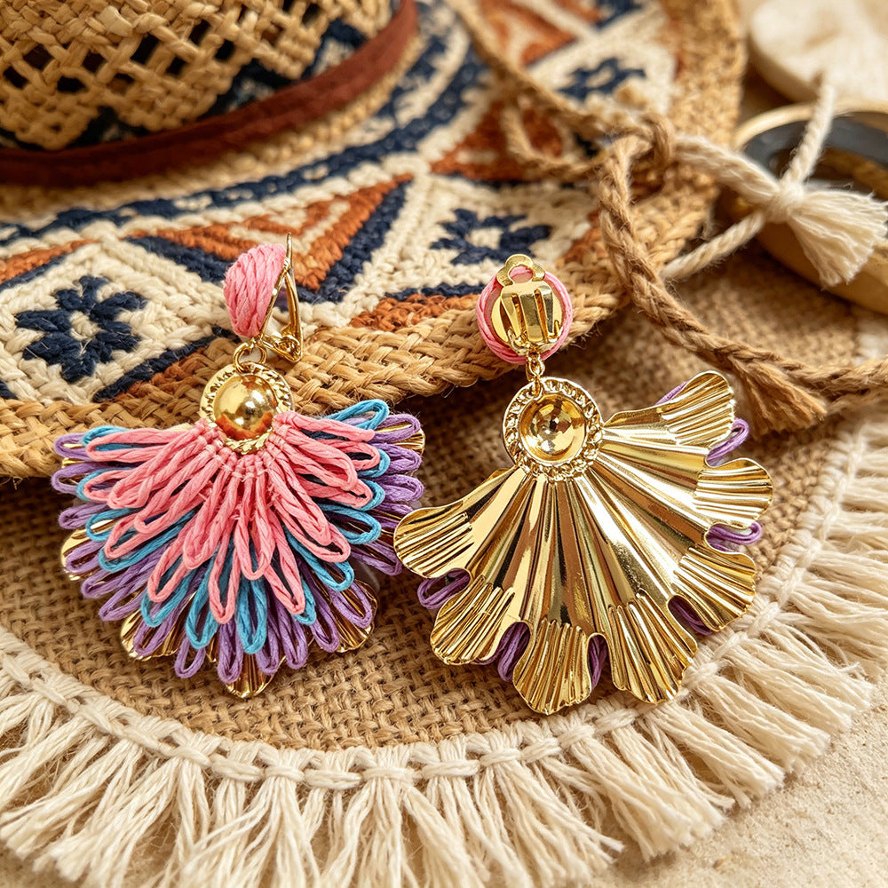 Handmade Bohemian Starfish Clip Earrings For Women In Multicolor Raffia