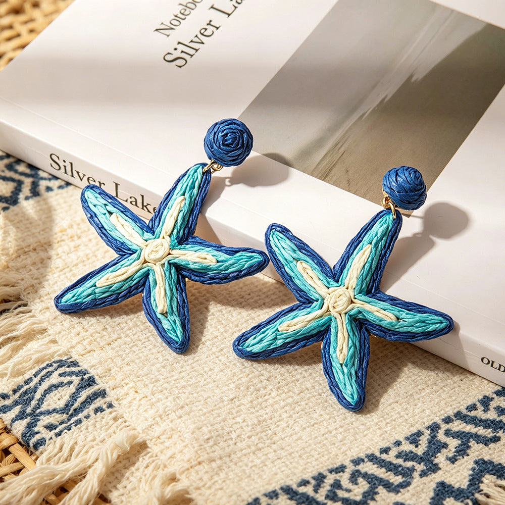 Handmade Bohemian Starfish Clip Earrings For Women In Multicolor Raffia