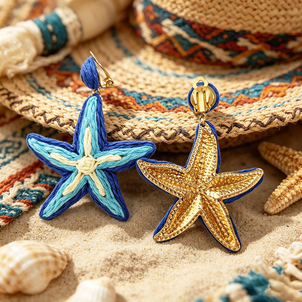 Handmade Bohemian Starfish Clip Earrings For Women In Multicolor Raffia