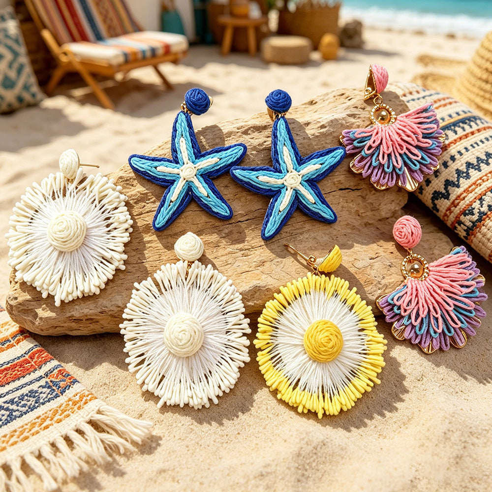 Handmade Bohemian Starfish Clip Earrings For Women In Multicolor Raffia
