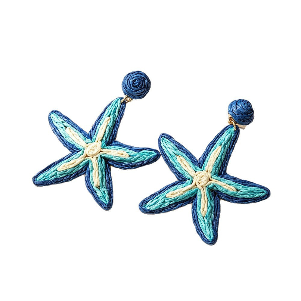 Handmade Bohemian Starfish Clip Earrings For Women In Multicolor Raffia