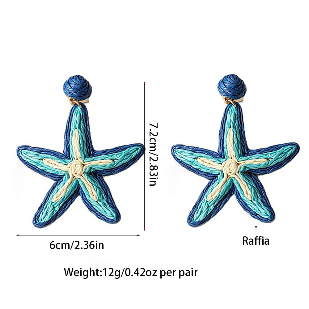 Handmade Bohemian Starfish Clip Earrings For Women In Multicolor Raffia