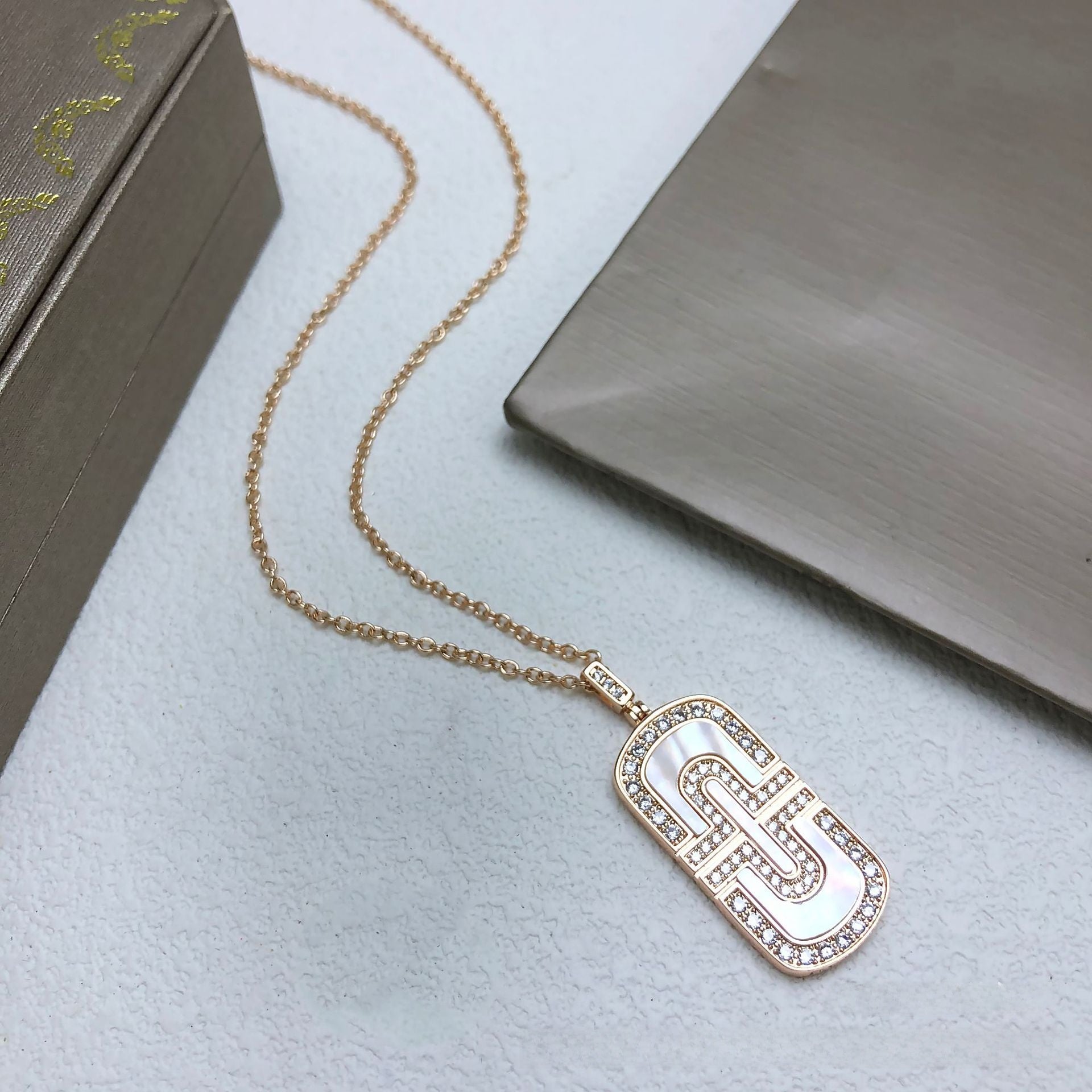 Champagne Paper Clip Necklace For Women With Copper Pendant Featuring Shell Inlay And Rhinestones On Paperclip Chain