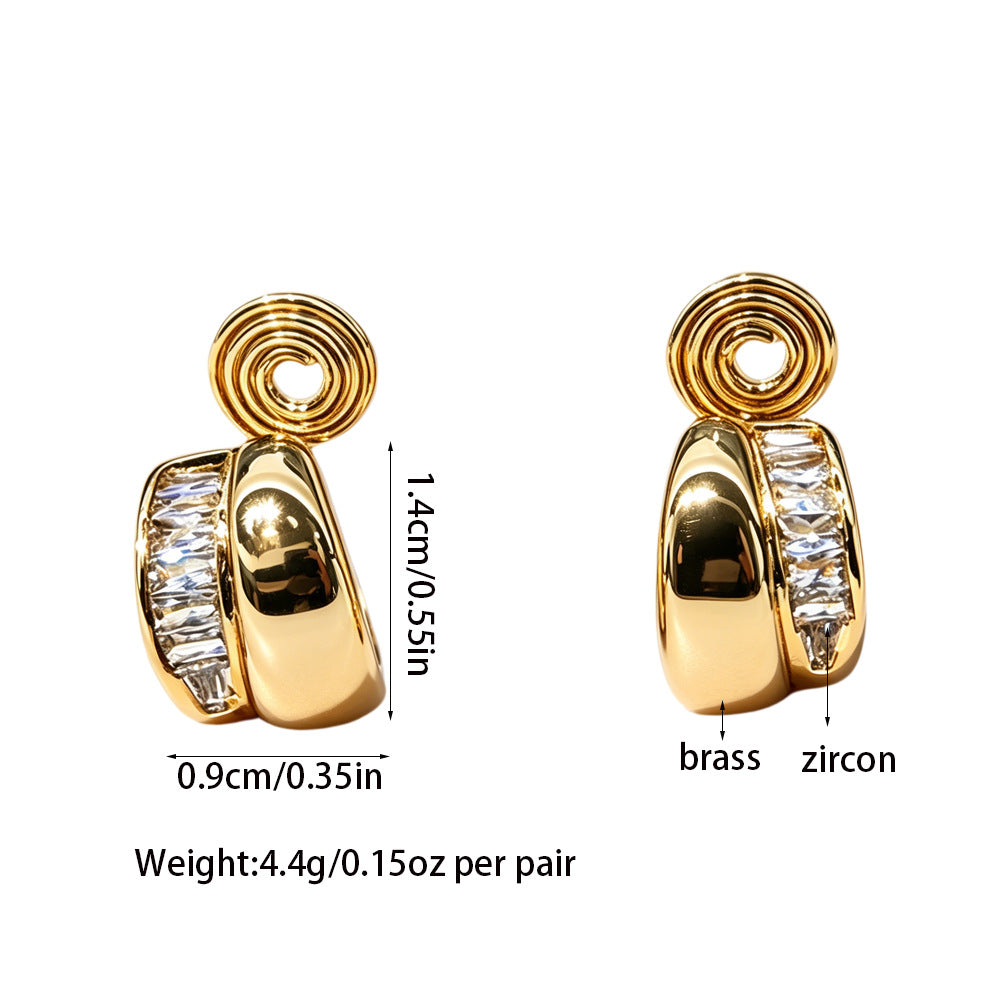 New Style C Shape Clip Earrings For Women In Gold Copper With Zircon Inlay