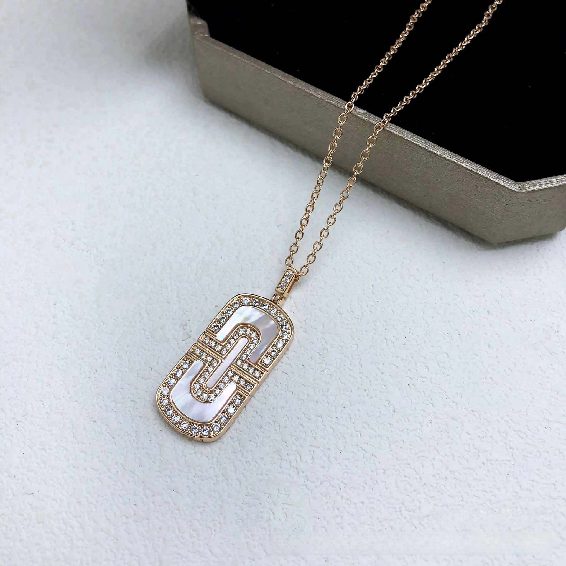 Champagne Paper Clip Necklace For Women With Copper Pendant Featuring Shell Inlay And Rhinestones On Paperclip Chain