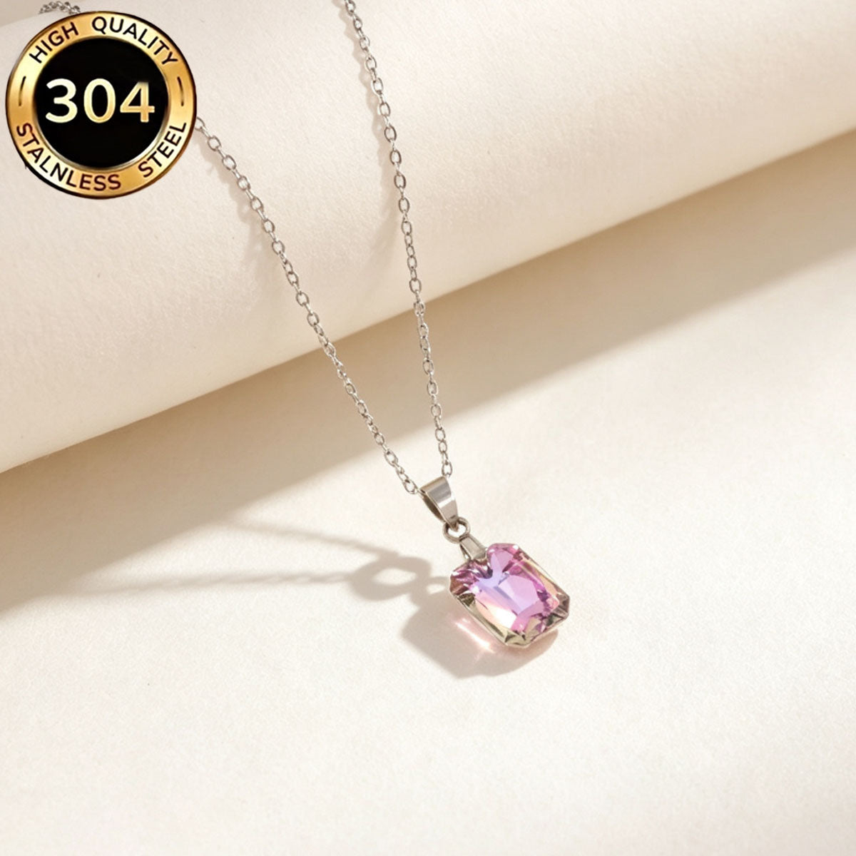 Hypoallergenic Rectangle Necklace For Women In 304 Stainless Steel With Zircon Inlay And Cable Chain