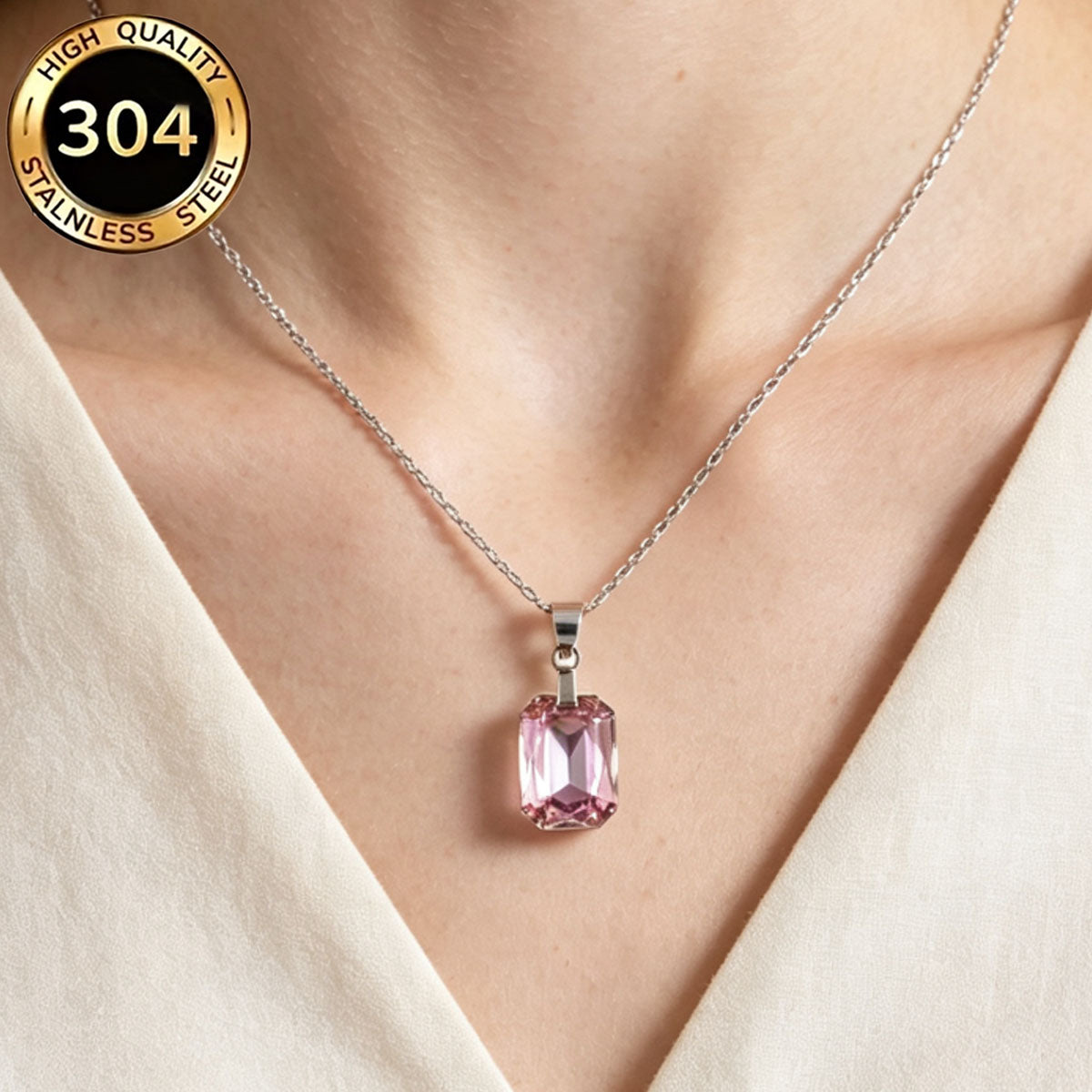 Hypoallergenic Rectangle Necklace For Women In 304 Stainless Steel With Zircon Inlay And Cable Chain