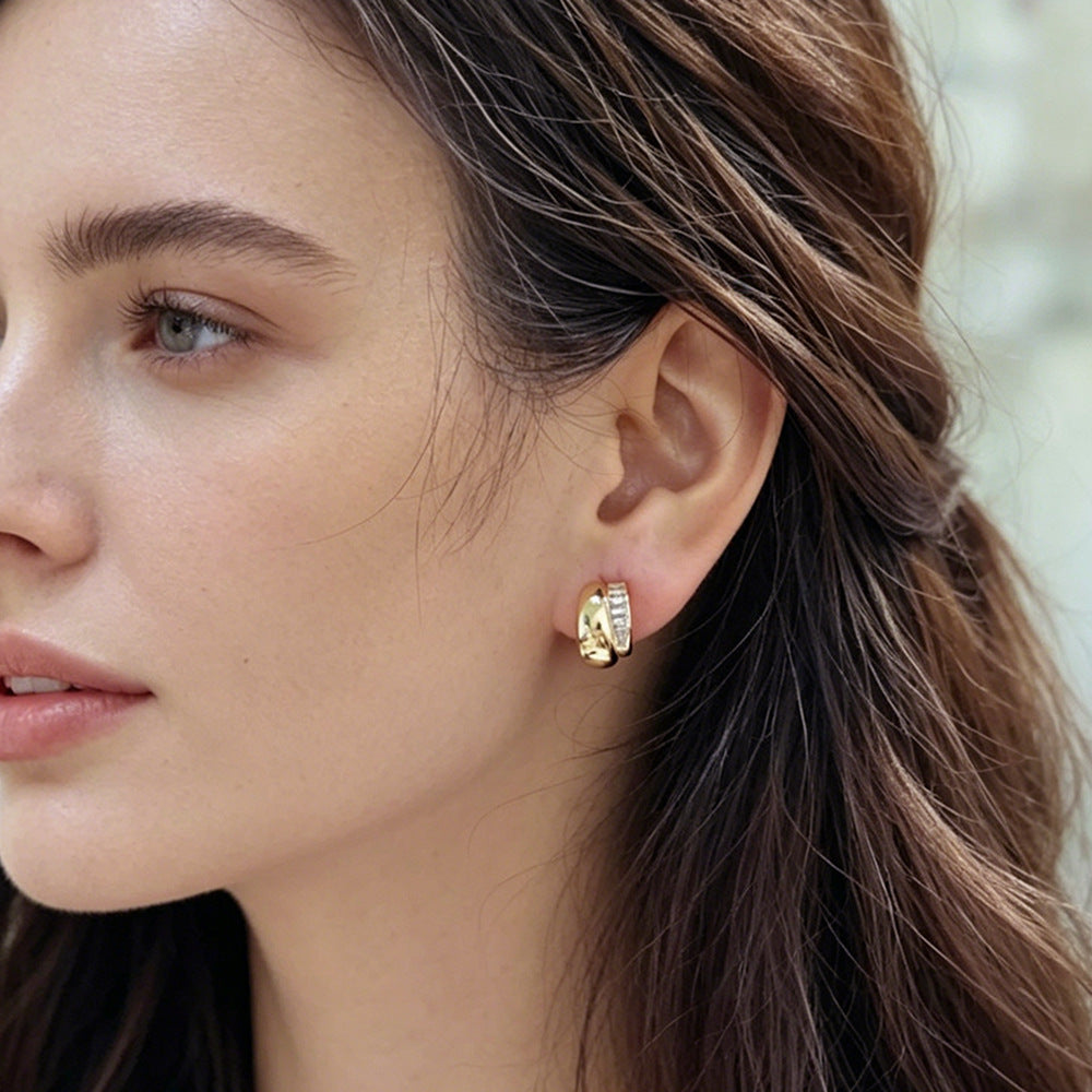 New Style C Shape Clip Earrings For Women In Gold Copper With Zircon Inlay