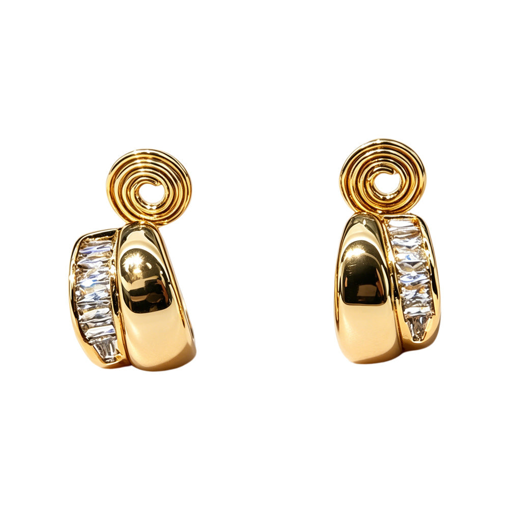New Style C Shape Clip Earrings For Women In Gold Copper With Zircon Inlay