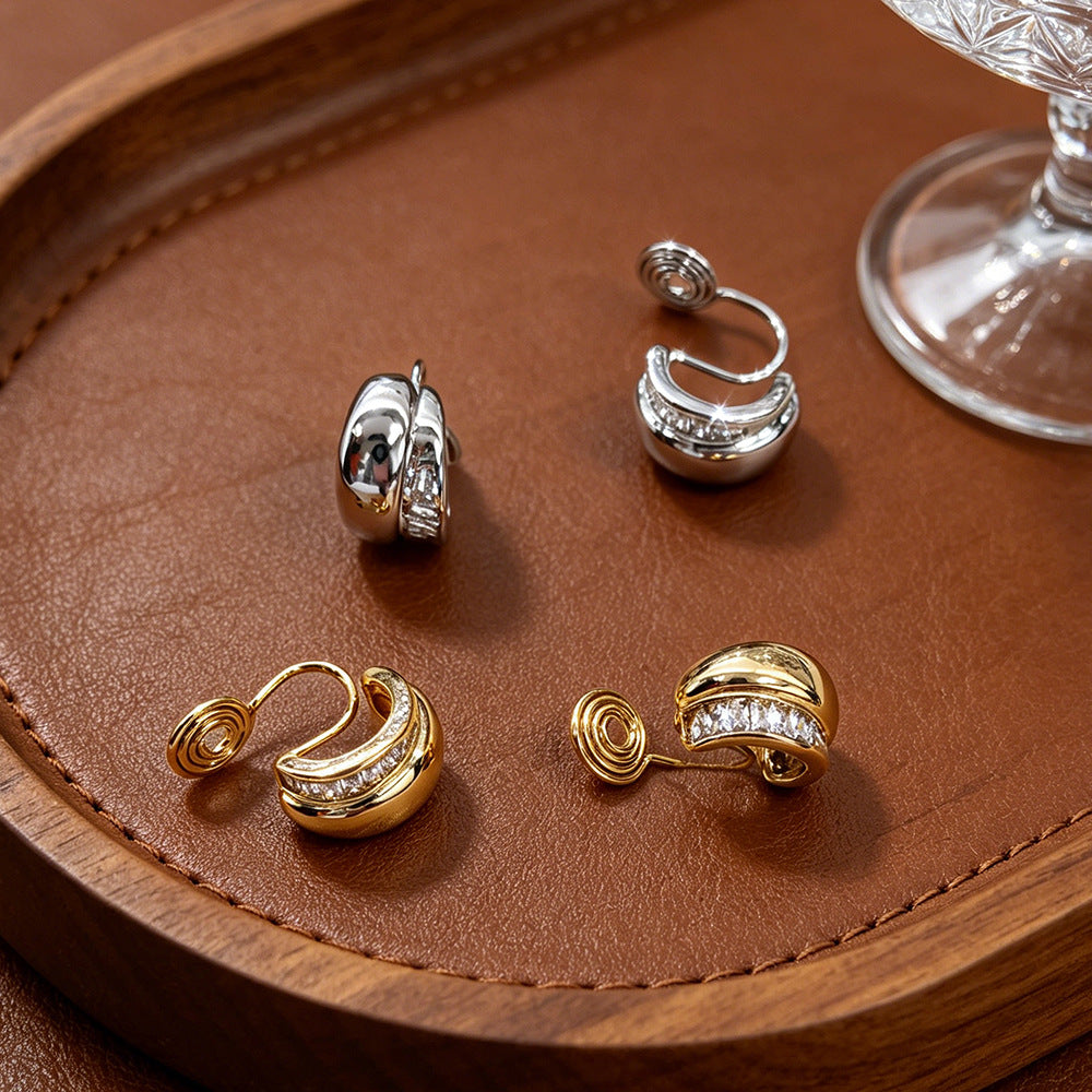 New Style C Shape Clip Earrings For Women In Gold Copper With Zircon Inlay
