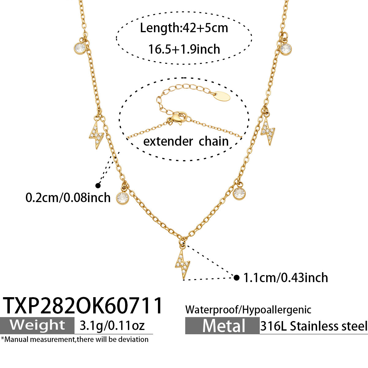 Geometric Pendant Necklace, Waterproof 316 Stainless Steel With 18K Gold Plated PVD Coating And Zircon Inlay, With Chain
