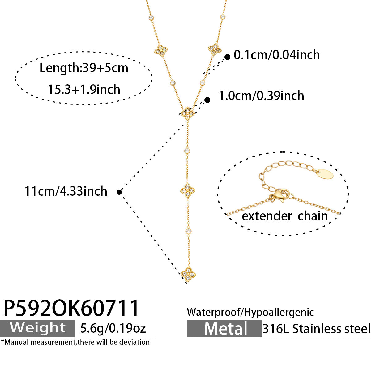 Geometric Pendant Necklace, Waterproof 316 Stainless Steel With 18K Gold Plated PVD Coating And Zircon Inlay, With Chain