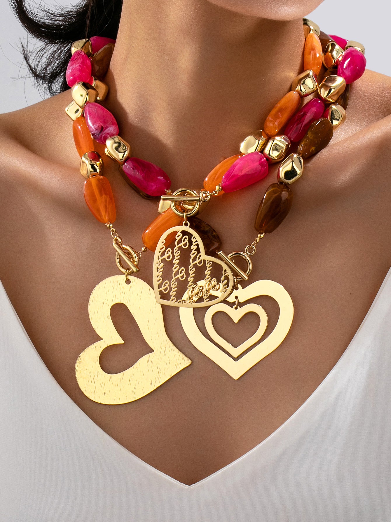 Maillard Style Irregular Acrylic Necklace With Beaded Chain, KC Golden Plated, Designed For Women