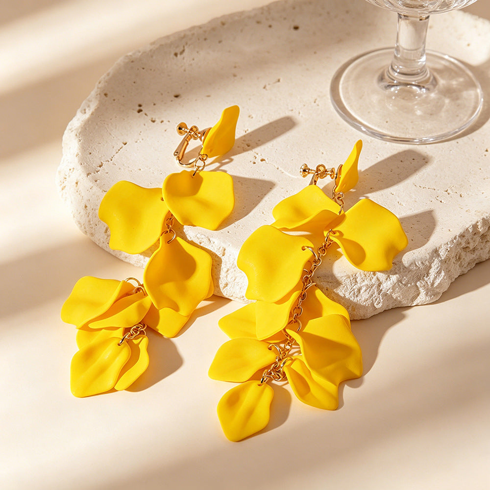 Exaggerated Yellow Rose Tassel Clip Earrings For Women In Acrylic Material