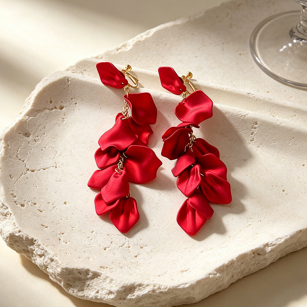Exaggerated Yellow Rose Tassel Clip Earrings For Women In Acrylic Material