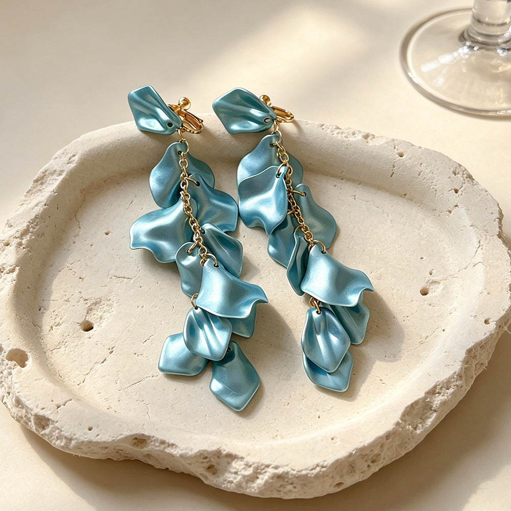 Exaggerated Yellow Rose Tassel Clip Earrings For Women In Acrylic Material
