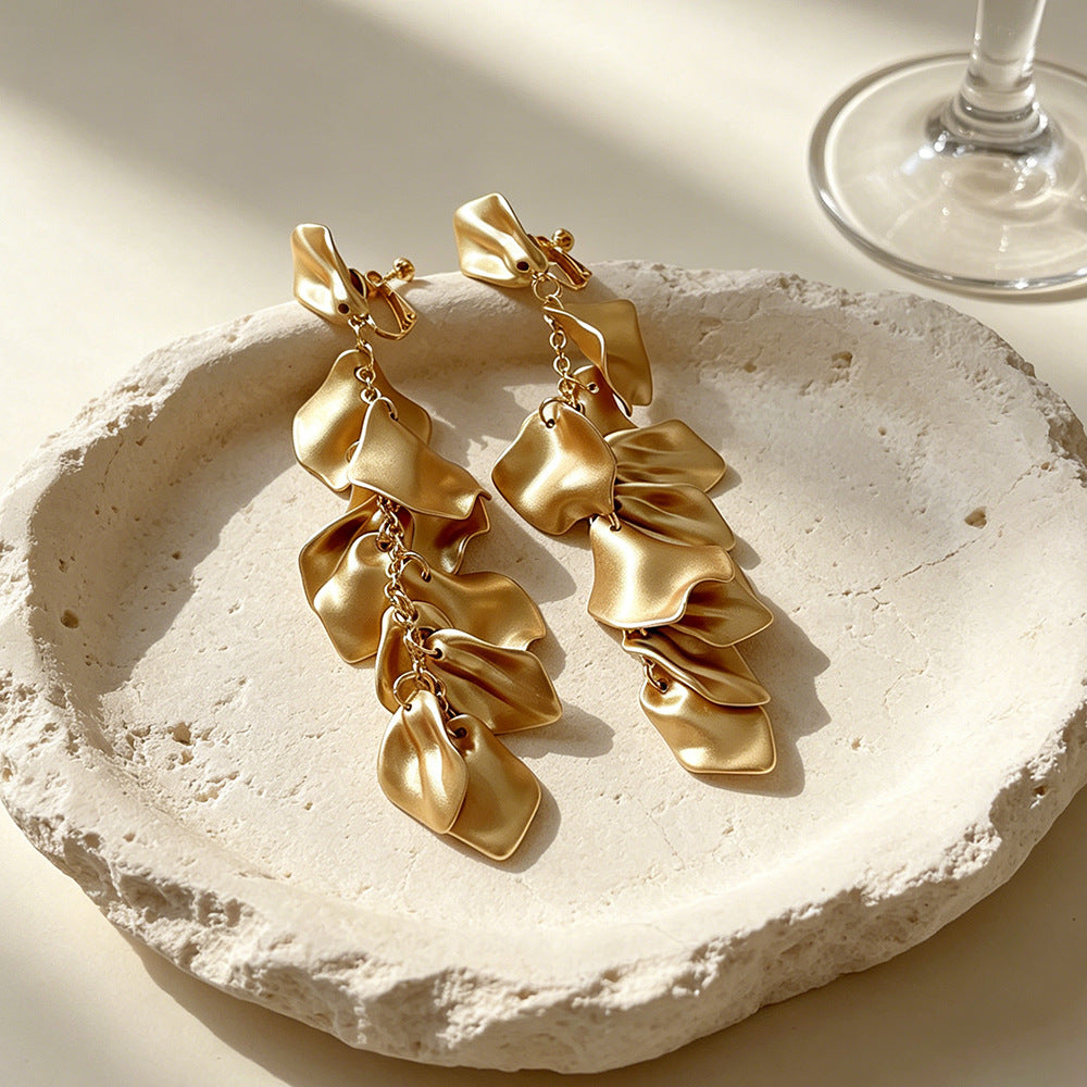 Exaggerated Yellow Rose Tassel Clip Earrings For Women In Acrylic Material