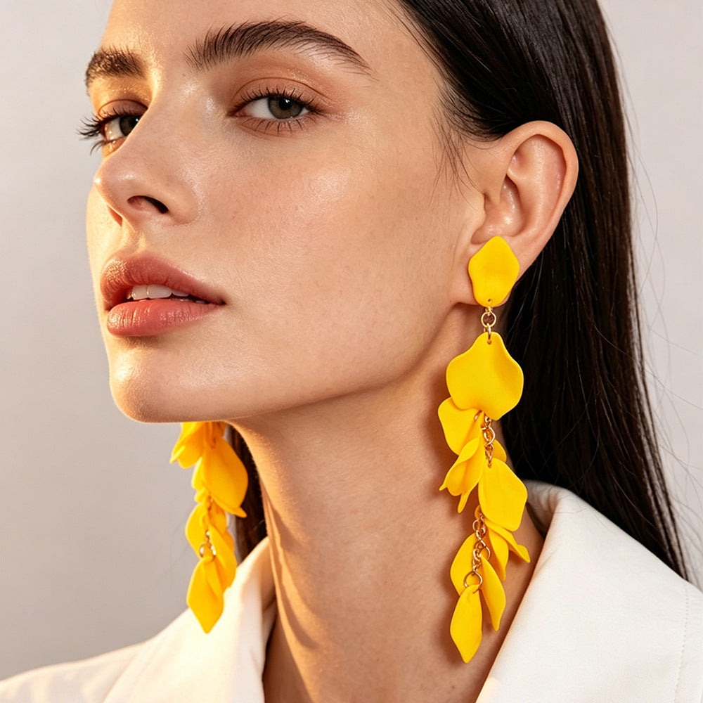 Exaggerated Yellow Rose Tassel Clip Earrings For Women In Acrylic Material