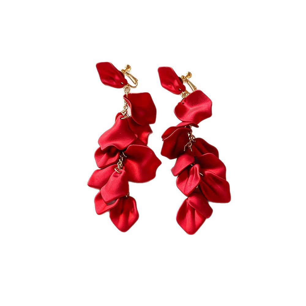 Exaggerated Yellow Rose Tassel Clip Earrings For Women In Acrylic Material