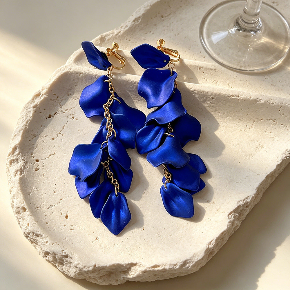 Exaggerated Yellow Rose Tassel Clip Earrings For Women In Acrylic Material