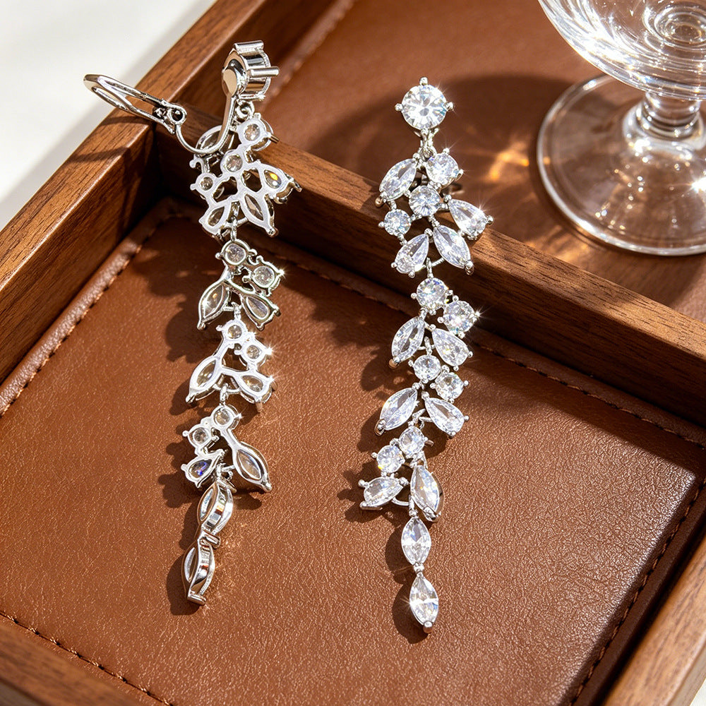 Gold Tassel Leaves Clip Earrings For Women With Zircon Inlay, Featuring Elegant Clip-On Design