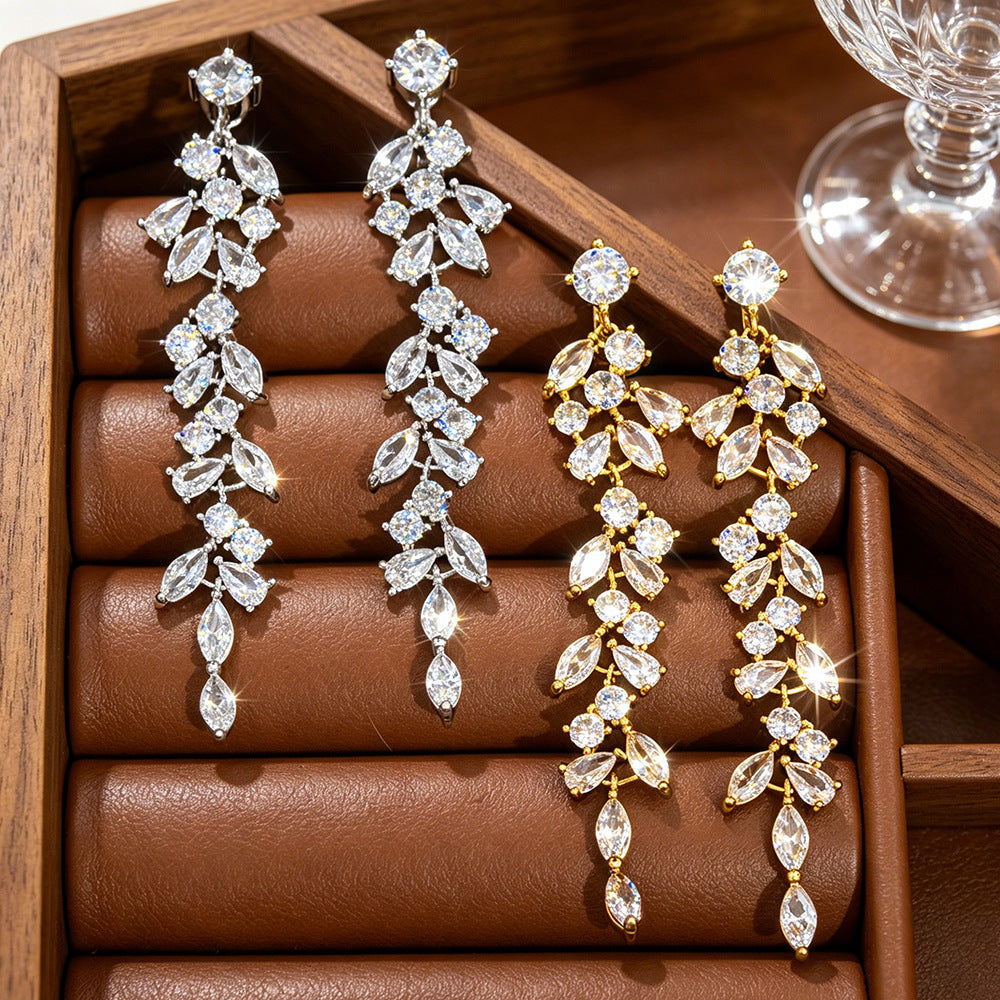 Gold Tassel Leaves Clip Earrings For Women With Zircon Inlay, Featuring Elegant Clip-On Design