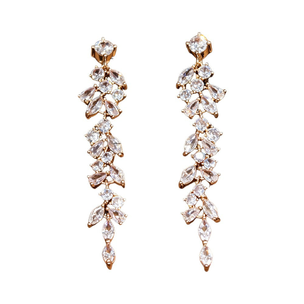Gold Tassel Leaves Clip Earrings For Women With Zircon Inlay, Featuring Elegant Clip-On Design