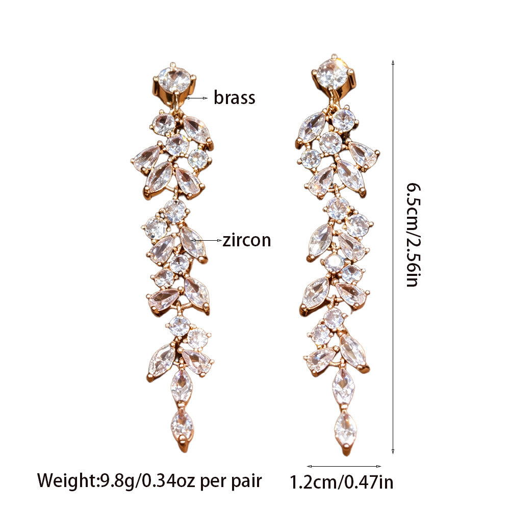Gold Tassel Leaves Clip Earrings For Women With Zircon Inlay, Featuring Elegant Clip-On Design