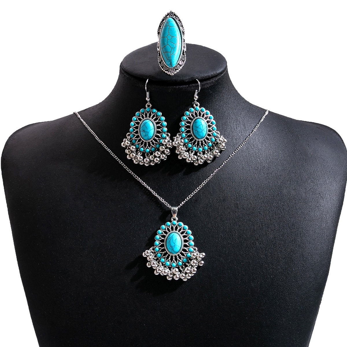 Bohemian Women’s Jewelry Set Featuring Flower Patterns With Turquoise Inlay, Alloy Material, And Tassel Craft
