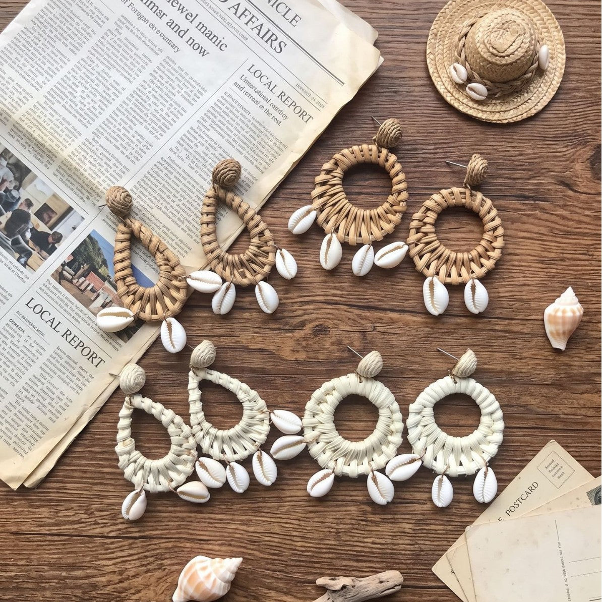 Handmade Ethnic Style Raffia Shell Earrings With 304 Stainless Steel Studs For Women In Coffer Color