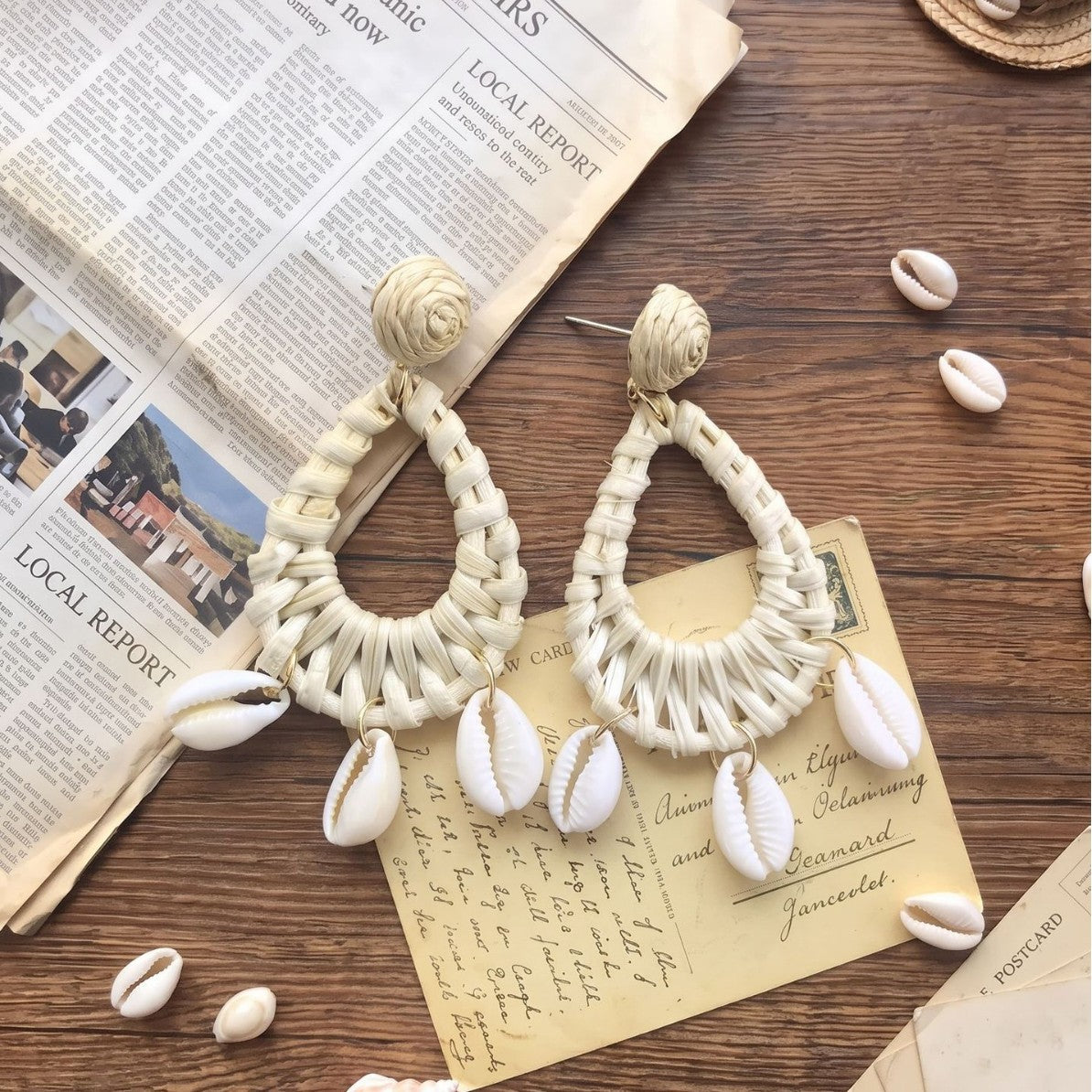 Handmade Ethnic Style Raffia Shell Earrings With 304 Stainless Steel Studs For Women In Coffer Color