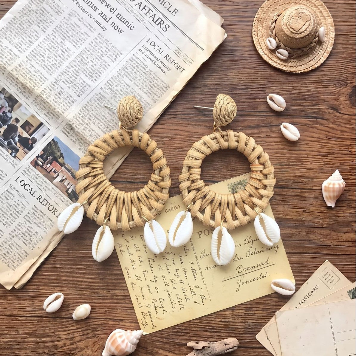 Handmade Ethnic Style Raffia Shell Earrings With 304 Stainless Steel Studs For Women In Coffer Color