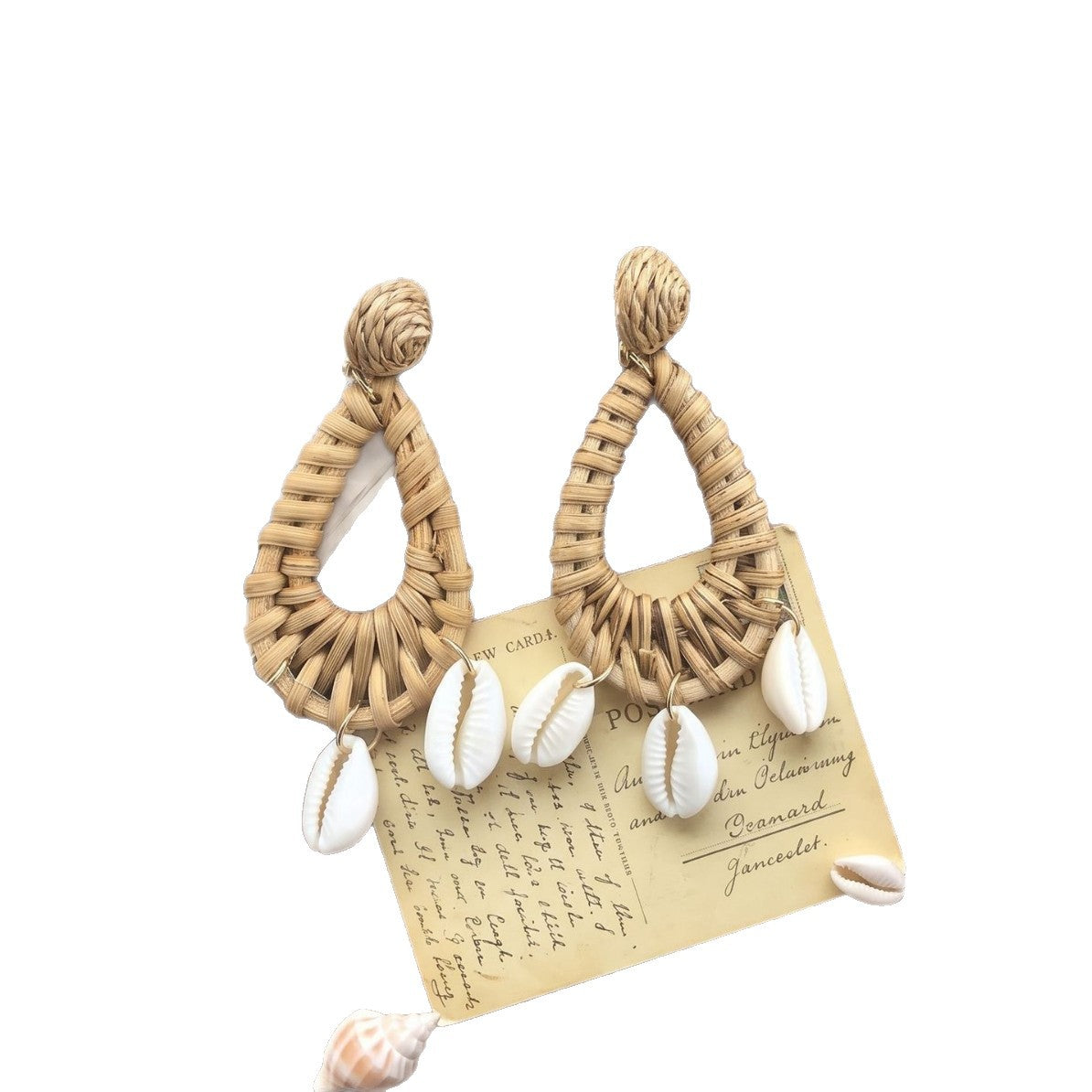 Handmade Ethnic Style Raffia Shell Earrings With 304 Stainless Steel Studs For Women In Coffer Color