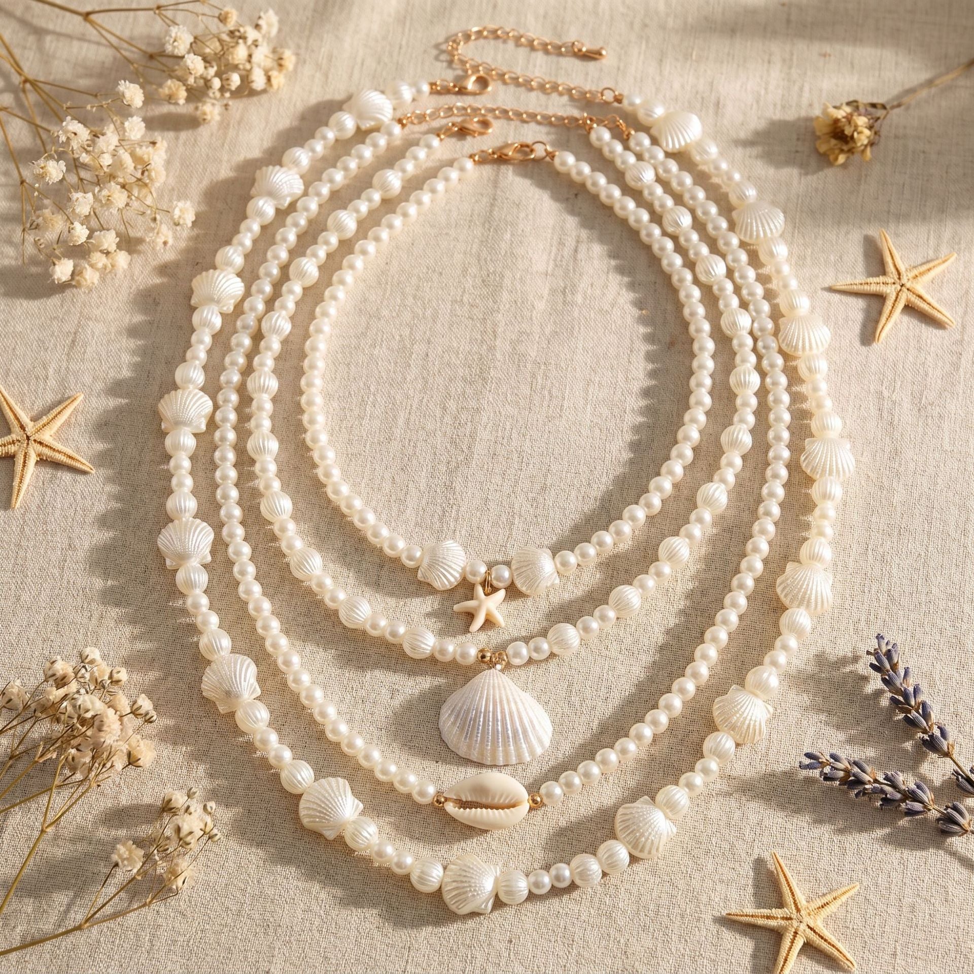 Bohemian Layered Necklaces For Women Featuring Shell Pendants With Imitation Pearl Accents, Perfect For Beach Wear