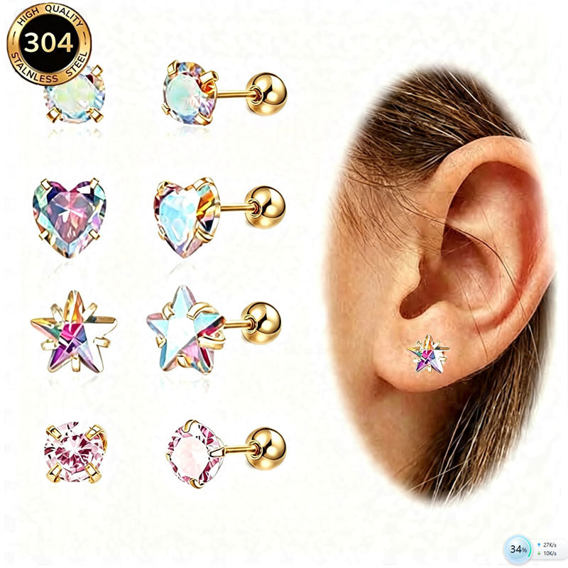Pentagram Hypoallergenic Stud Earrings For Women In 304 Stainless Steel With 18K Gold PVD Coating And Zircon Inlay