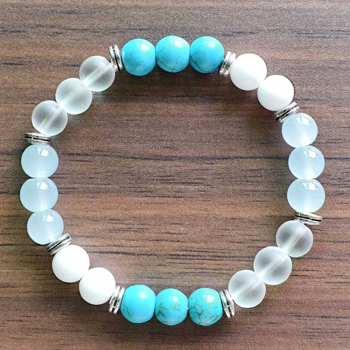 Heart Shape Beaded Bracelet In Green Natural Stone With Turquoise Inlay, Unisex Design