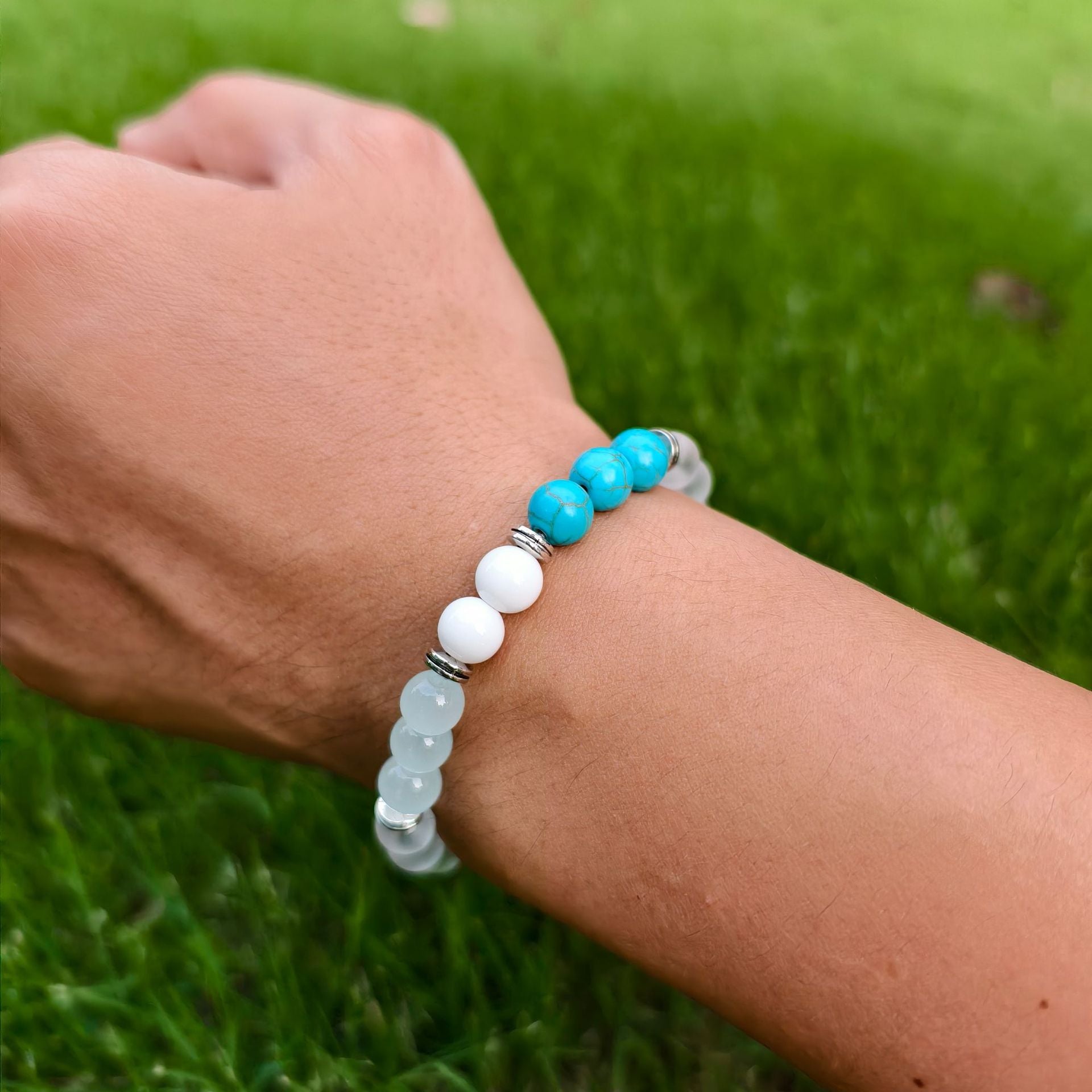 Heart Shape Beaded Bracelet In Green Natural Stone With Turquoise Inlay, Unisex Design