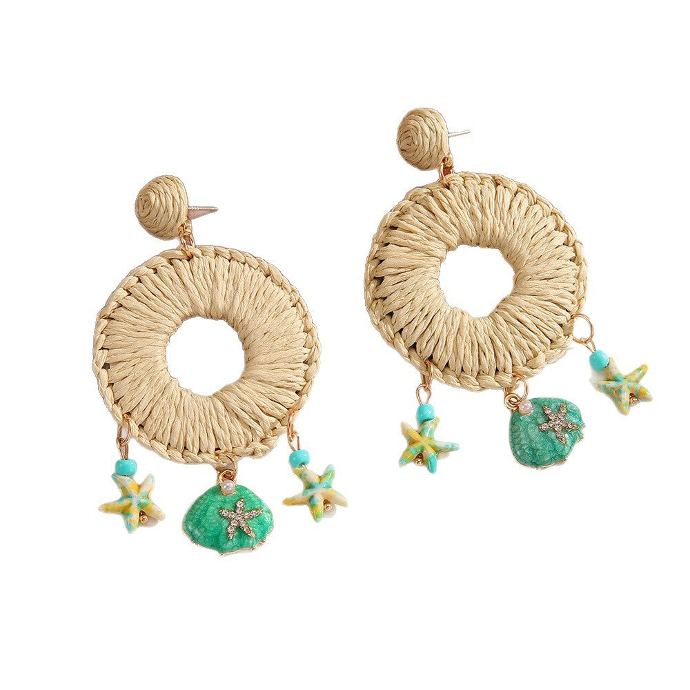 Handmade Bohemian Starfish Earrings For Women In Coffer Color With Raffia And Shell Inlay