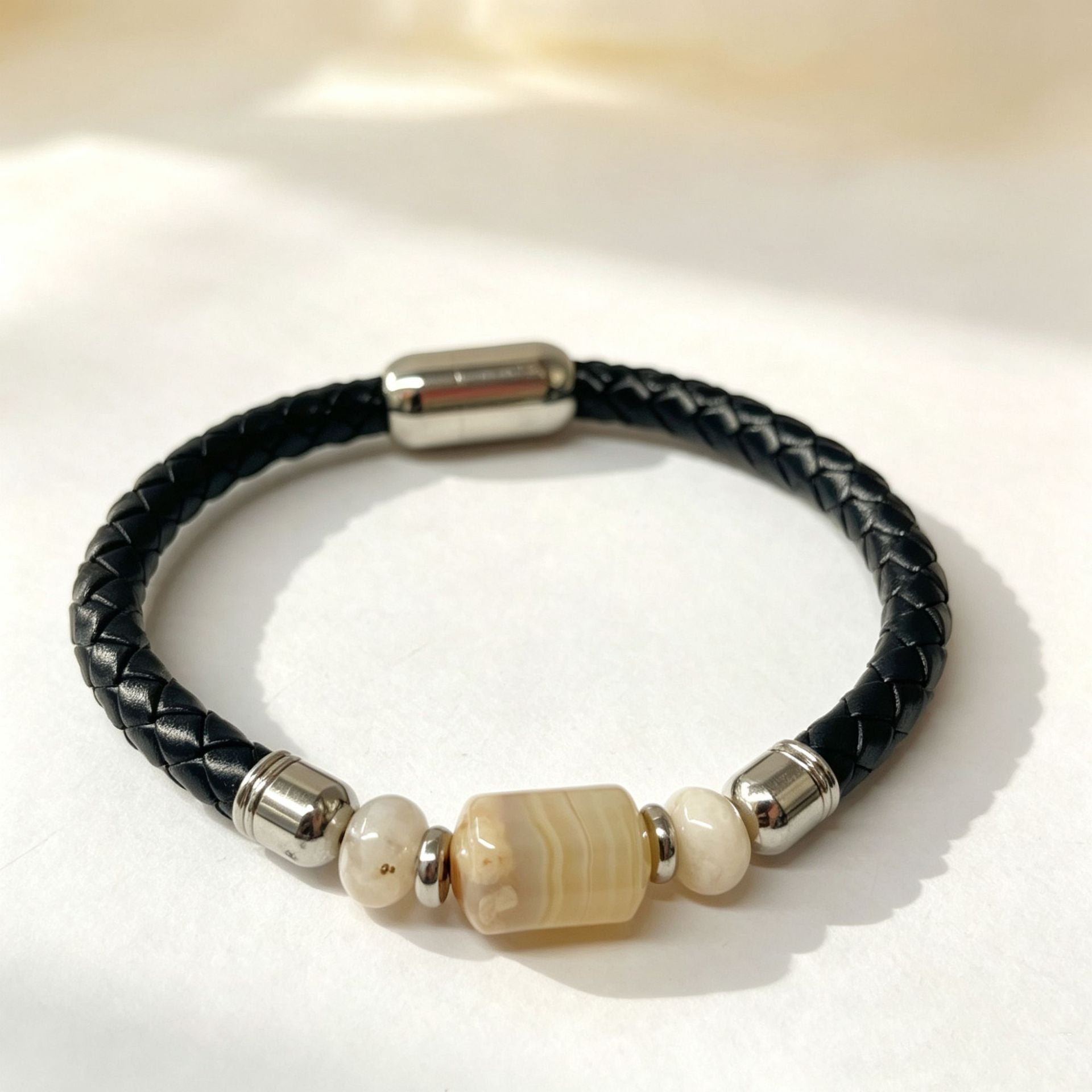 Handmade Stripe Unisex Bracelet With PU Leather Rope Chain And Crystal Inlay Material