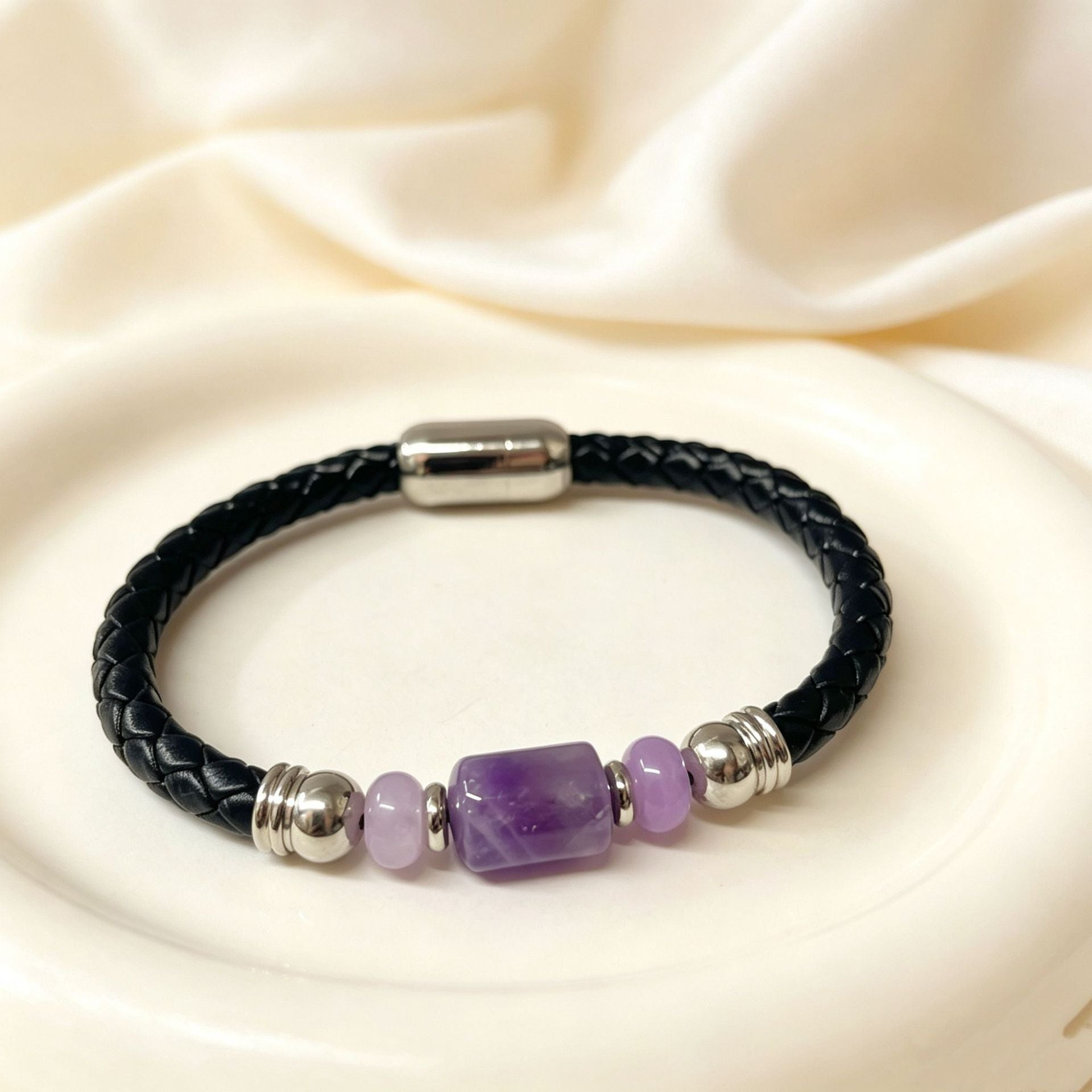 Handmade Stripe Unisex Bracelet With PU Leather Rope Chain And Crystal Inlay Material